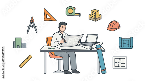 Architect Working on Blueprint at Desk with Construction Tools Icons