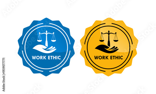 Professional work ethic seal set featuring scales of justice held by a hand on blue and gold badges, representing integrity, balance, and corporate responsibility.