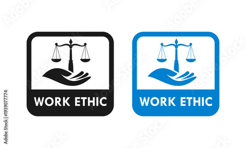 Professional work ethic seal set featuring scales of justice held by a hand on blue and gold badges, representing integrity, balance, and corporate responsibility.
