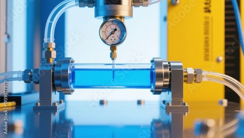 Laboratory apparatus with blue liquid flowing through a transparent tube under pressure measurement