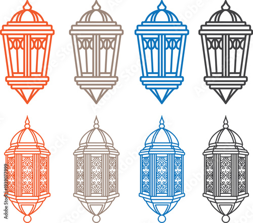 Set arabic lanterns traditional holiday lamp festive vector illustration colorful metal light source ornamental decoration muslim culture