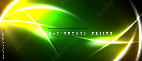 Abstract neon lines create vibrant green, yellow glow. Dark background emphasizes bright energy, modern design elements.