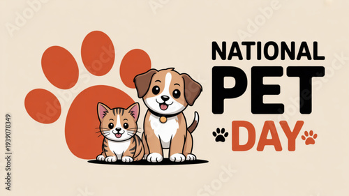 National pet day illustration with cute dog and cat on beige background