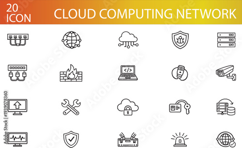 Cloud Computing Network Line Icon Set. Cloud Storage, Data Server, Cyber Security, Internet Technology, Database, Network Connection Editable Stroke Vector