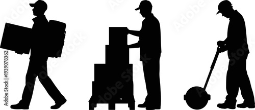 Silhouetted warehouse workers carrying boxes, stacking pallets, pushing pallet jack, logistics teamwork illustration, manual labor vector art, shipping and distribution industry concept
