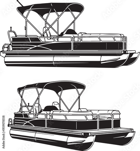 Two black and white pontoon boats with canopies shown from side and front views isolated on transparent background