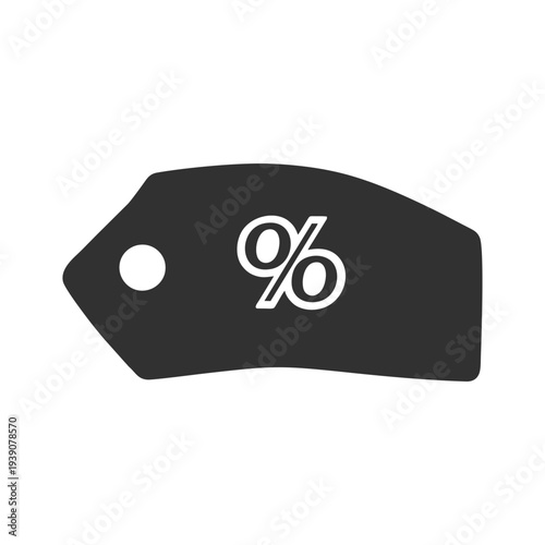 A black price tag icon with a percentage sign on a plain background