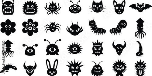 Large set of black monster silhouettes including aliens spooky creatures cat bat bunny and scary eyes isolated on white background vector