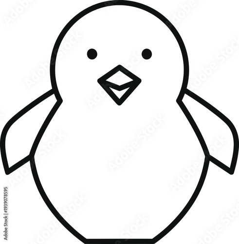 A simple black and white line drawing depicts a cute rounded penguin with small wings