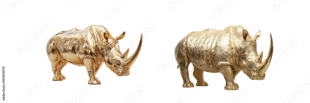 Fototapeta premium Two golden metallic rhino figurines standing side by side with intricate textures and reflective finish symbolizing strength and elegance in minimalist Isolated on a transparent background.