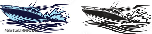 Speed boat cutting through waves vector design for powerboat racing competition and marine travel advertising and coastal nautical projects