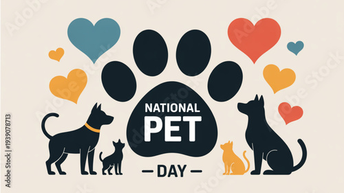 National pet day celebration with dogs and cats surrounded by hearts