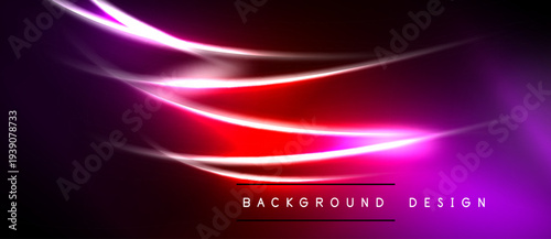 Abstract design features vibrant purple, red light streaks. Dark background emphasizes glowing lines, creating dynamic visual effect.