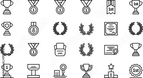 Line icon set of trophies medals laurel wreaths and certificates representing achievement success victory first place and professional award recognition.Line icon set of trophies medals laurel 
