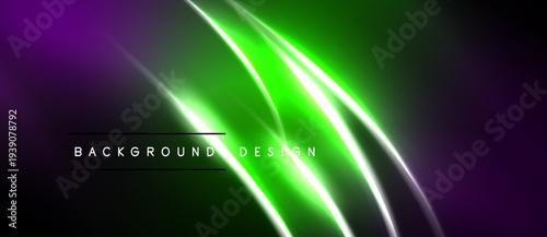 Abstract neon lines blend purple, green hues. Dark background creates dynamic visual effect. Text reads background design.