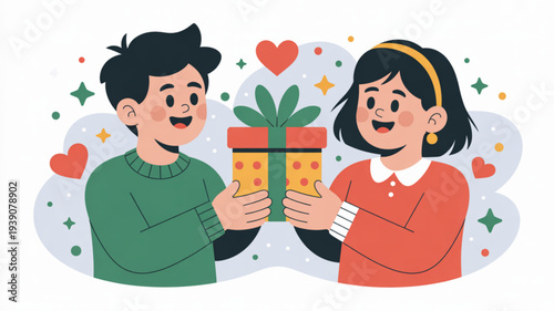 Smiling couple exchanging gift with hearts and stars symbolizing love and friendship on special occasions like valentine's day or birthday celebrations