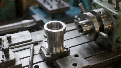 Metal cylindrical component being machined on a lathe in an industrial workshop