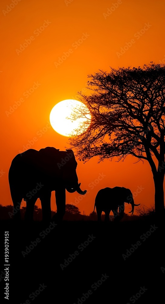 Fototapeta premium Elephants silhouetted against orange sunset.