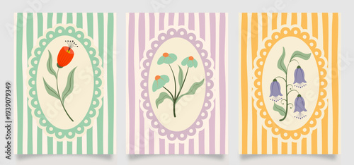 Vintage floral spring background featuring three decorative botanical cards with tulip and bell flowers on pastel striped patterns, arranged side by side. Ideal for seasonal design, greeting cards, an