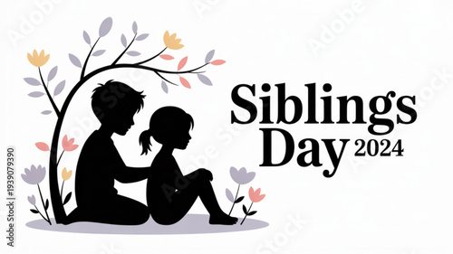 Silhouette of siblings sitting together under flowers on siblings day 2024 symbolizing love and bond
