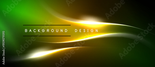 Abstract green, yellow wave. Bright light radiates from center. Text reads background design. Smooth gradients create dynamic visual effect.