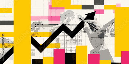 Abstract digital art featuring a rising arrow over textured mountain landscape