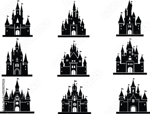 Set of black magic castle silhouettes with towers and flags for fairy tale fantasy design isolated on white background vector
