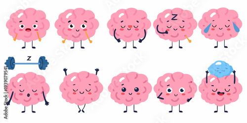 Cute cartoon brains displaying various emotions and activities