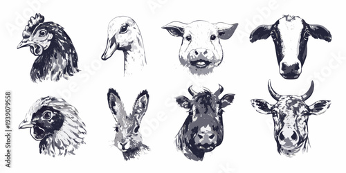 Illustrative collection of farm animal head portraits in shades of gray