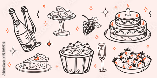 Celebratory illustration featuring champagne cake fruit and sweet treats