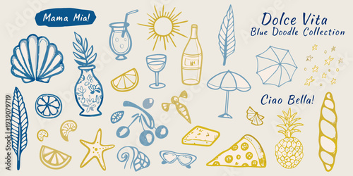 A colorful doodle collection featuring summer themes and italian phrases