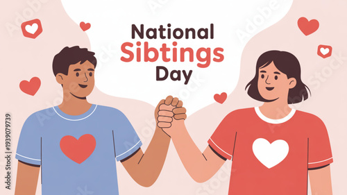 Cartoon brother and sister holding hands together celebrating national siblings day with heart designs on their t shirts and floating hearts around them