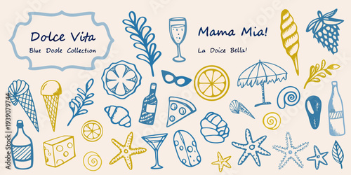 Hand drawn summer illustrations with italian phrases and seaside motifs