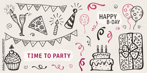 Hand drawn birthday elements including cake balloons and party decorations