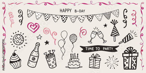 Hand drawn birthday illustration with party decorations and celebratory elements