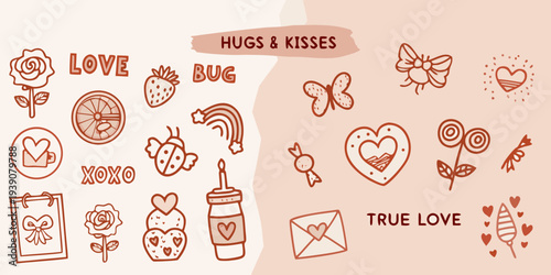 Cute hand drawn illustrations of love kisses and sweet treats