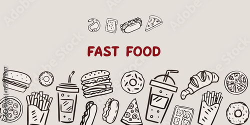 A doodle illustration showcasing a variety of popular fast food items