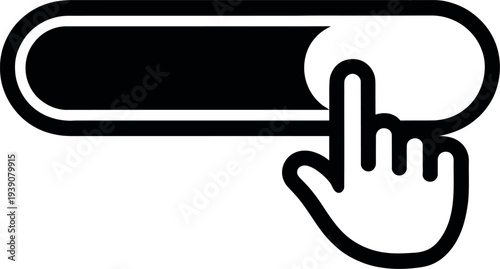 A hand cursor clicks on a search button to activate an online query