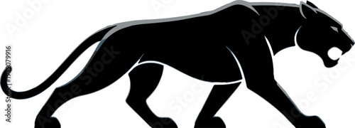 Stylized black panther silhouette illustration in walking pose, fierce roaring animal vector artwork, strength stealth power mascot logo design concept