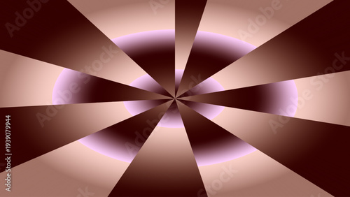 Abstract radial starburst pattern with alternating brown triangles and glowing pink elliptical ring symmetrical optical illusion design