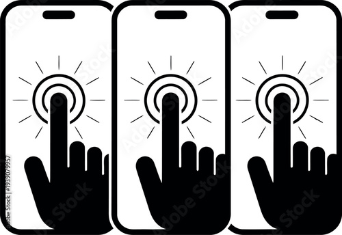 A graphic illustration of three smartphones with fingers pressing on screen