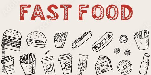 Hand drawn illustration of various fast food items and lettering