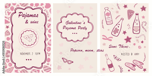 Galentine s pajama party invitation with wine popcorn and stars