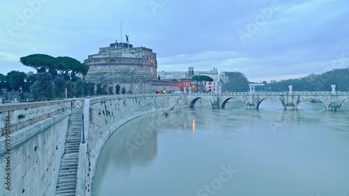 Time lapse of Sant Angelo Castelo Sunrise, Rome, Italy 4K