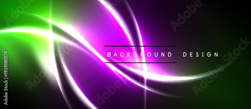 Abstract neon lights create vibrant purple, green gradients. Dynamic curves intersect, forming modern background design. Dark areas frame bright illumination.