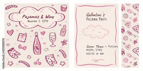 Galentine s pajamas and wine party invitation with festive illustrations