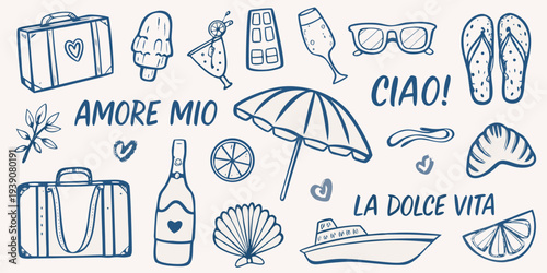 Italian summer vacation themed doodles with travel essentials and treats