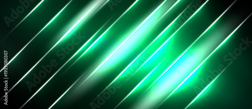 Abstract background features diagonal lines, bright green glow, dark shades. Modern design, energetic feel, simple composition.