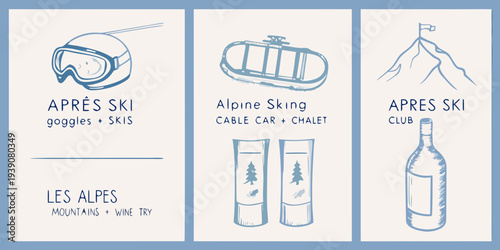 Winter sports equipment and alpine scenes in a sketched illustration