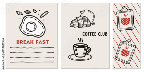 Hand drawn breakfast and coffee themed illustrations on a striped background